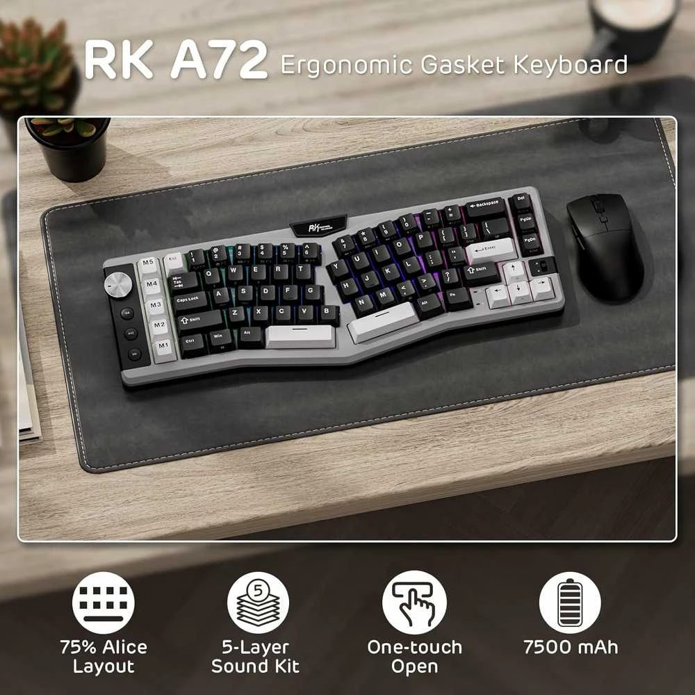 RK ROYAL KLUDGE belaidė mechaninė klaviatūra A72 Alice, 68 % dydžio, 72 klavišai, QWERTY, Hot-Swap, 7500 mAh