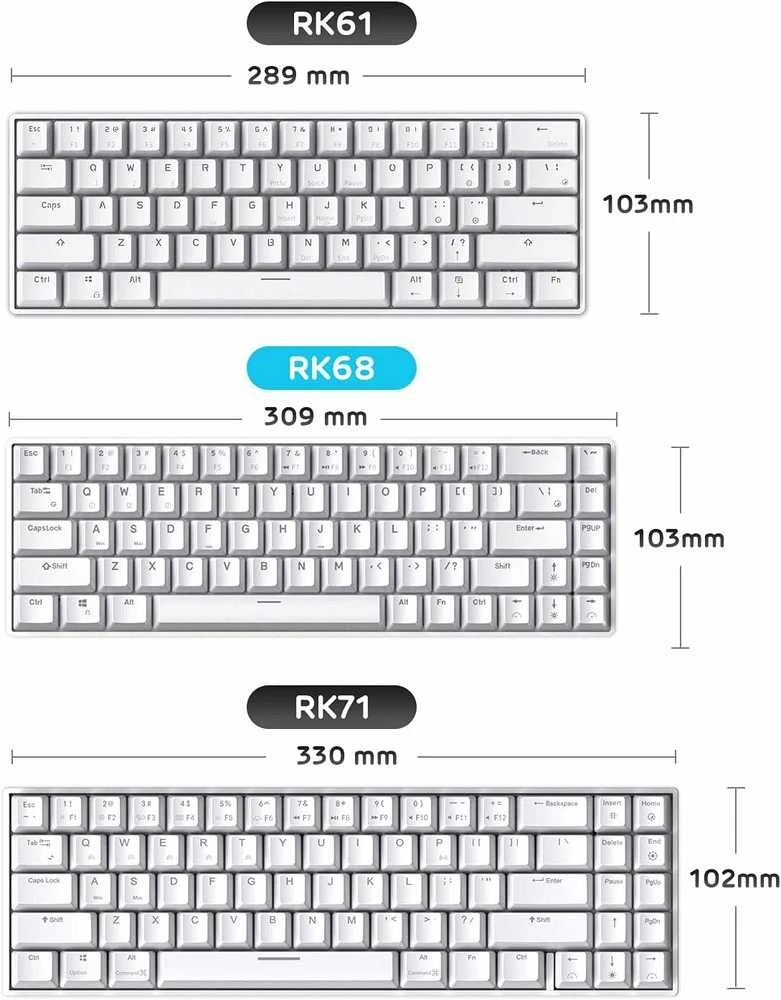 RK ROYAL KLUDGE belaidė mechaninė klaviatūra, 65 %, Bluetooth, 68 klavišai, linijiniai raudonieji jungikliai, RK68