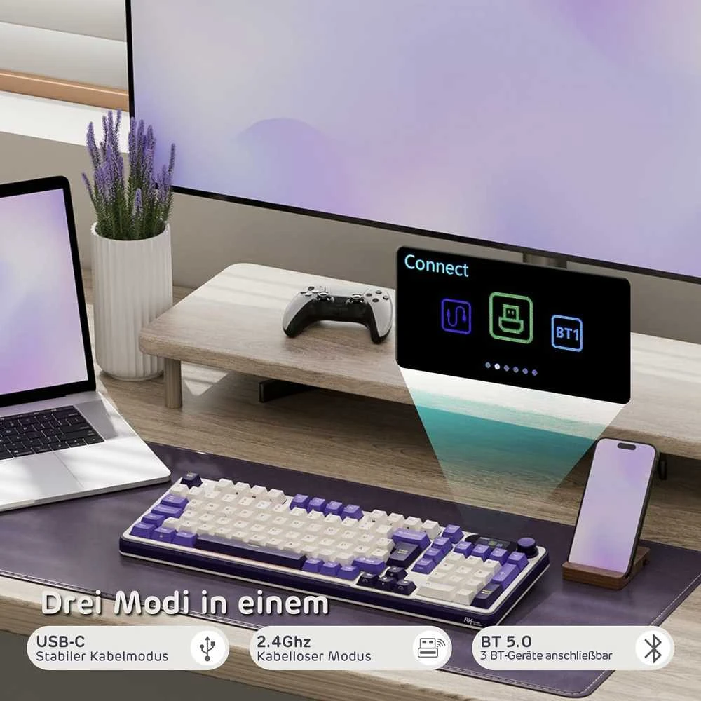 RK ROYAL KLUDGE belaidė mechaninė klaviatūra su išmaniuoju ekranu, RGB apšvietimu ir 98 klavišais, S98 DE