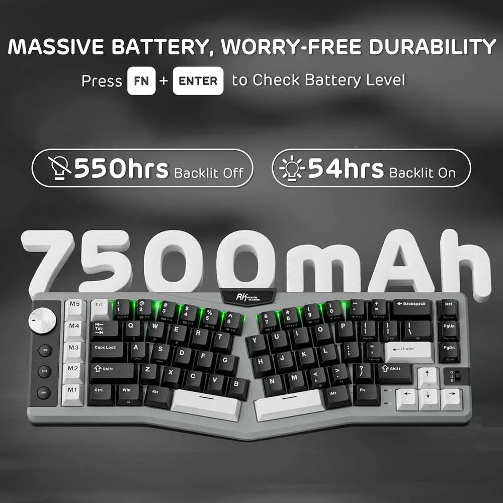 RK ROYAL KLUDGE belaidė mechaninė klaviatūra A72 Alice, 68 % dydžio, 72 klavišai, QWERTY, Hot-Swap, 7500 mAh