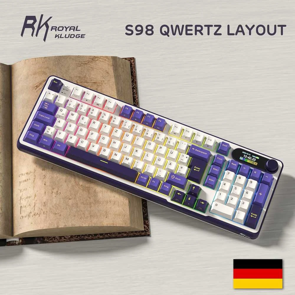 RK ROYAL KLUDGE belaidė mechaninė klaviatūra su išmaniuoju ekranu, RGB apšvietimu ir 98 klavišais, S98 DE