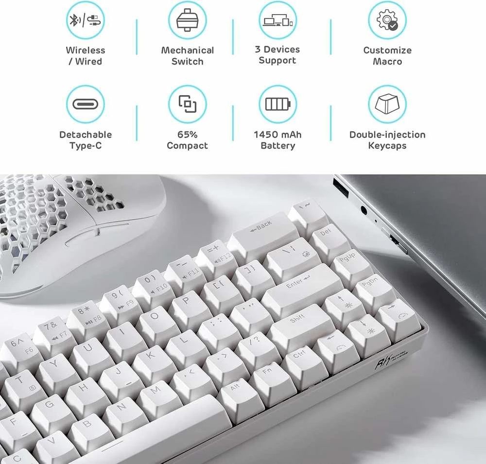 RK ROYAL KLUDGE belaidė mechaninė klaviatūra, 65 %, Bluetooth, 68 klavišai, linijiniai raudonieji jungikliai, RK68