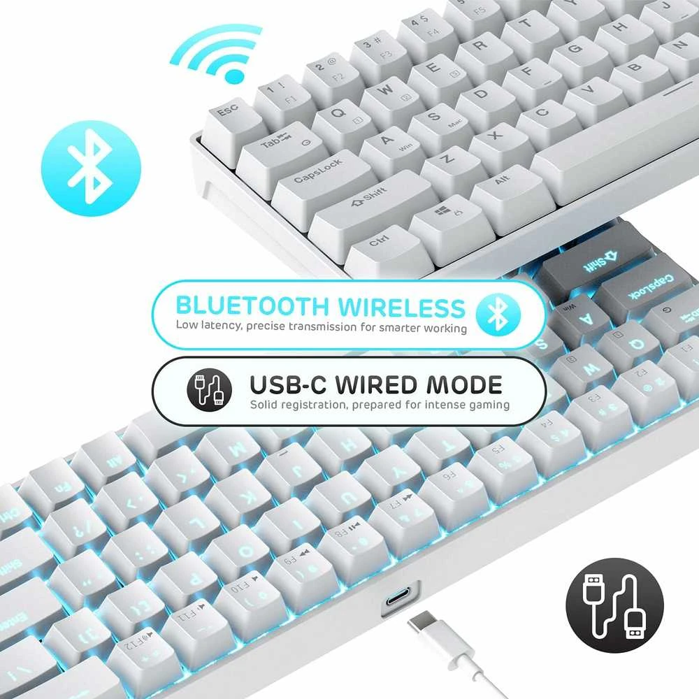 RK ROYAL KLUDGE belaidė mechaninė klaviatūra, 65 %, Bluetooth, 68 klavišai, linijiniai raudonieji jungikliai, RK68