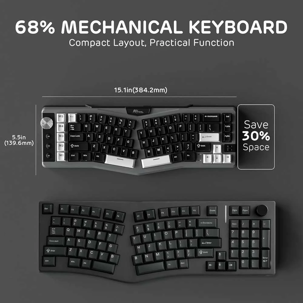 RK ROYAL KLUDGE belaidė mechaninė klaviatūra A72 Alice, 68 % dydžio, 72 klavišai, QWERTY, Hot-Swap, 7500 mAh