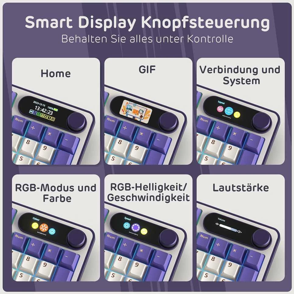 RK ROYAL KLUDGE belaidė mechaninė klaviatūra su išmaniuoju ekranu, RGB apšvietimu ir 98 klavišais, S98 DE