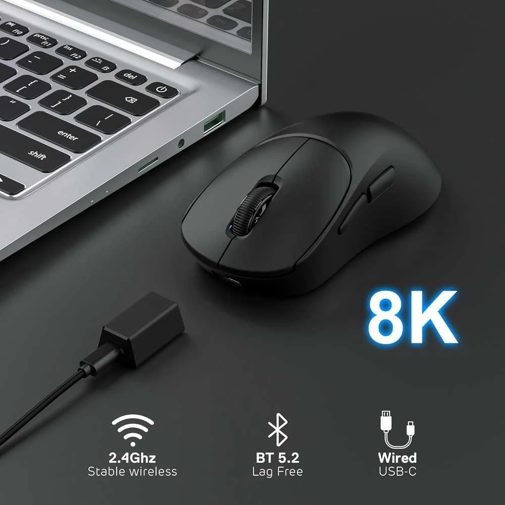 RK ROYAL KLUDGE belaidė žaidimų pelė MG5, PAW3950 jutiklis, 42000 DPI, 8 kHz, 54 g, USB-C, Bluetooth