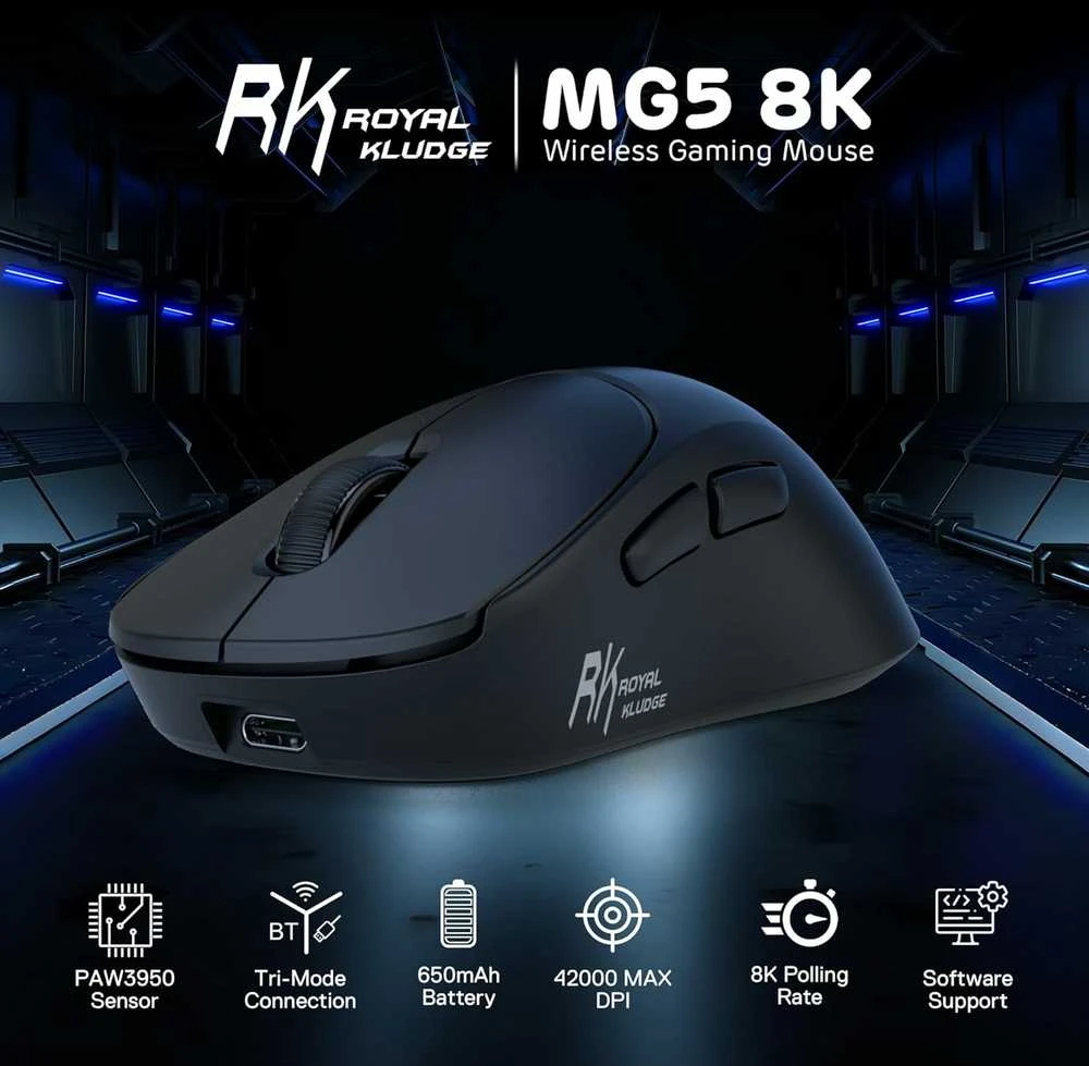 RK ROYAL KLUDGE belaidė žaidimų pelė MG5, PAW3950 jutiklis, 42000 DPI, 8 kHz, 54 g, USB-C, Bluetooth
