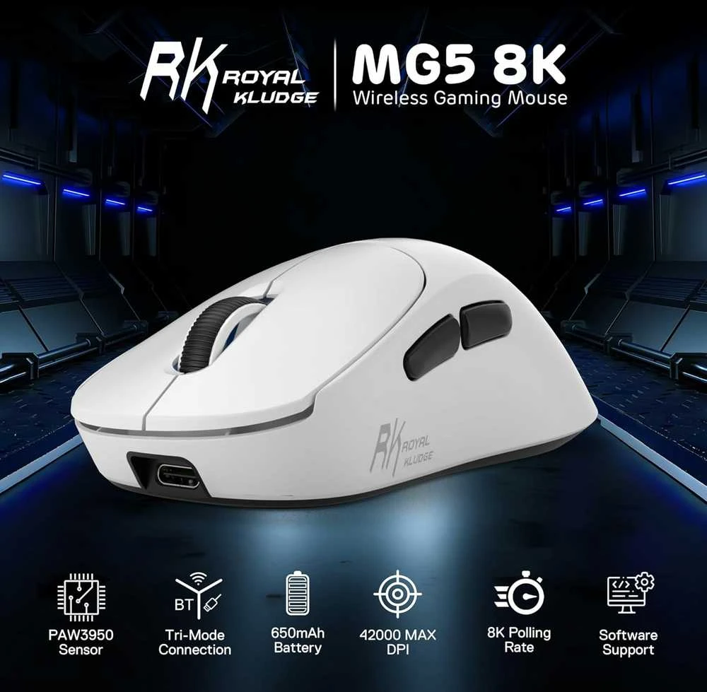 RK ROYAL KLUDGE belaidė žaidimų pelė, PAW3950, 42 K DPI, 54 g, 8 kHz, USB-C, BT, 2,4 GHz, RK MG5