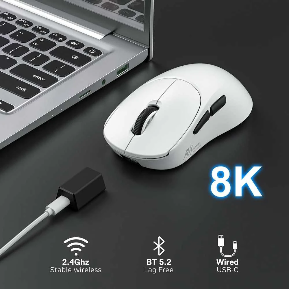 RK ROYAL KLUDGE belaidė žaidimų pelė, PAW3950, 42 K DPI, 54 g, 8 kHz, USB-C, BT, 2,4 GHz, RK MG5