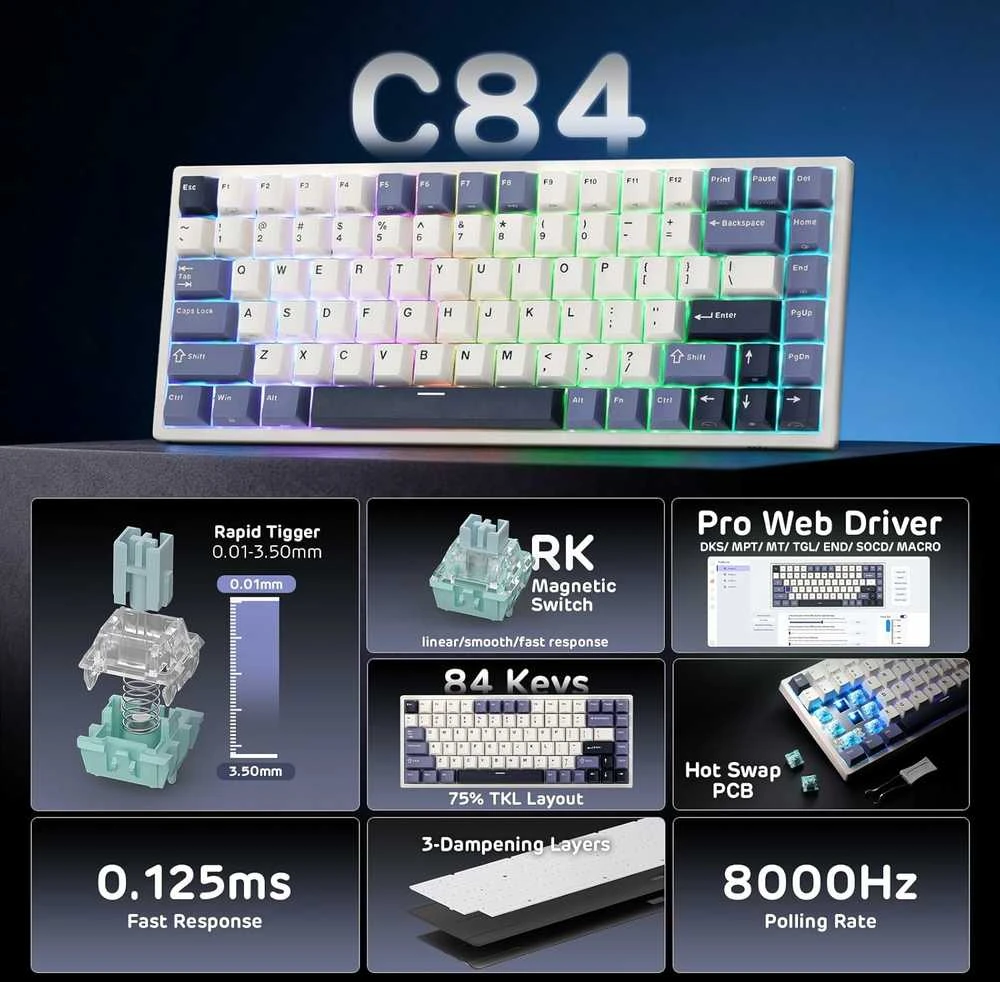 RK ROYAL KLUDGE C84 HE mechaninė žaidimų klaviatūra, 84 klavišai, Rapid Trigger, RGB, laidinė