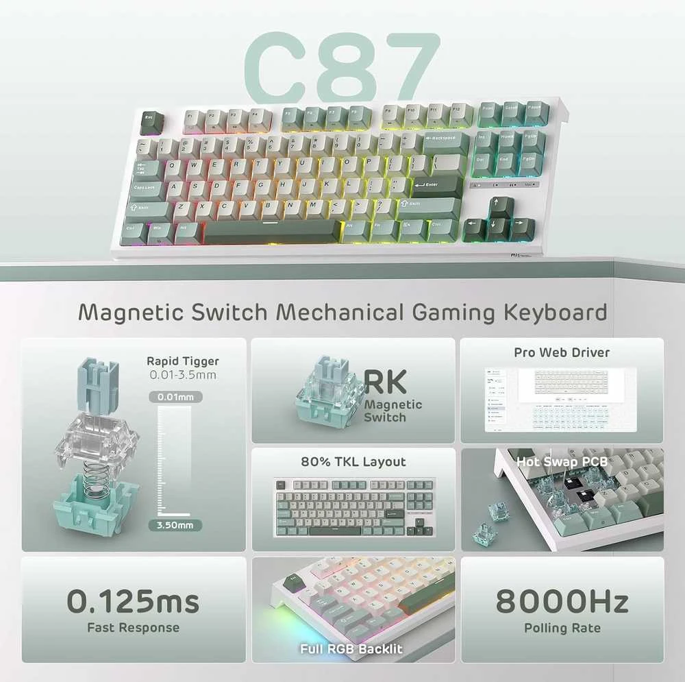 RK ROYAL KLUDGE C87 HE mechaninė žaidimų klaviatūra, 87 klavišai, RGB, magnetiniai Hall jungikliai, USB-C