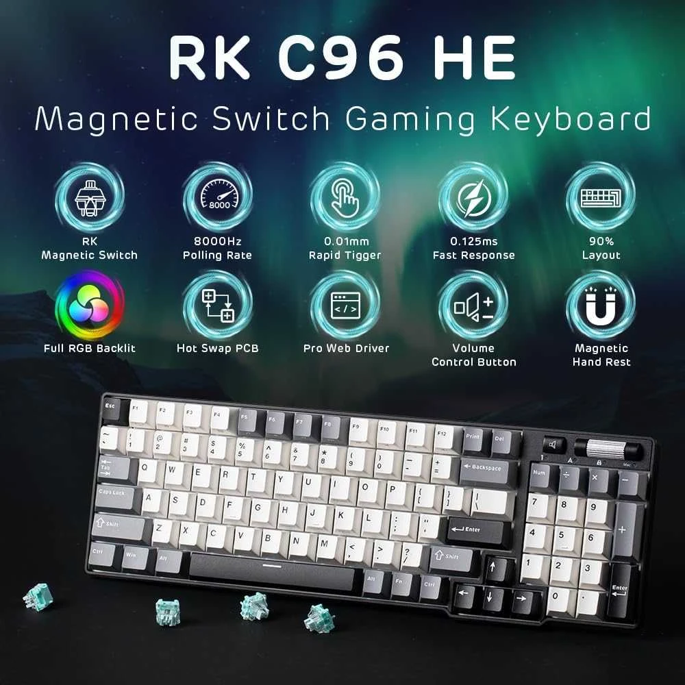 RK ROYAL KLUDGE C96 HE mechaninė žaidimų klaviatūra, magnetiniai Hall jungikliai, RGB, laidinė, 96 klavišai