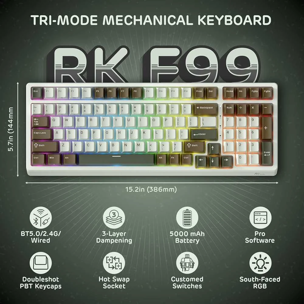RK ROYAL KLUDGE F99 belaidė mechaninė klaviatūra, 100 klavišų, 3 režimų, RGB apšvietimas