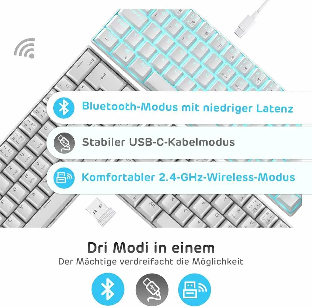 RK ROYAL KLUDGE mechaninė belaidė klaviatūra, 60 %, Bluetooth / 2,4 GHz / laidinė, 61 klavišas, Hot-Swap, mėlynieji jungikliai, RK61-DE
