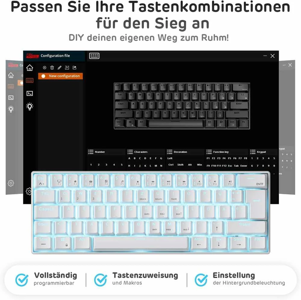 RK ROYAL KLUDGE mechaninė belaidė klaviatūra, 60 %, Bluetooth / 2,4 GHz / laidinė, 61 klavišas, Hot-Swap, mėlynieji jungikliai, RK61-DE
