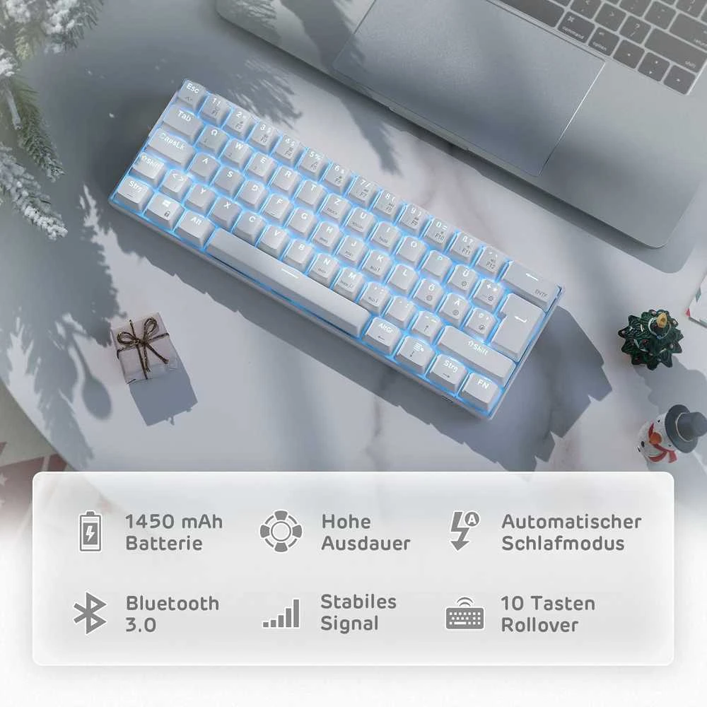 RK ROYAL KLUDGE mechaninė belaidė klaviatūra, 60 %, Bluetooth / 2,4 GHz / laidinė, 61 klavišas, Hot-Swap, mėlynieji jungikliai, RK61-DE