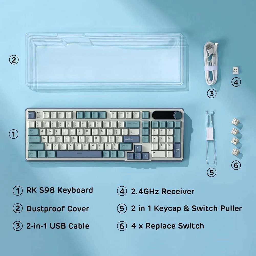 RK ROYAL KLUDGE mechaninė belaidė klaviatūra su ekranu, RGB apšvietimas, 96 klavišai, S98