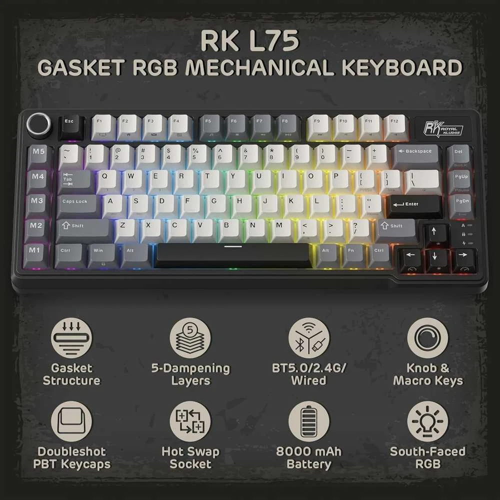 RK ROYAL KLUDGE mechaninė belaidė klaviatūra L75, 75 %, 3 režimų BT / 2,4 GHz / USB-C, su RGB apšvietimu, makro klavišais ir lietimui jautria valdymo juosta