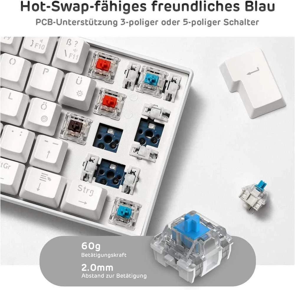 RK ROYAL KLUDGE mechaninė belaidė klaviatūra, 60 %, Bluetooth / 2,4 GHz / laidinė, 61 klavišas, Hot-Swap, mėlynieji jungikliai, RK61-DE