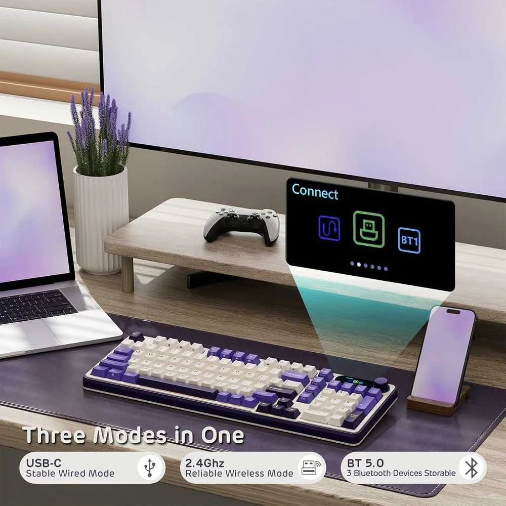 RK ROYAL KLUDGE mechaninė belaidė klaviatūra su išmaniu ekranu, 96 %, BT / 2,4 GHz/USB-C, S98
