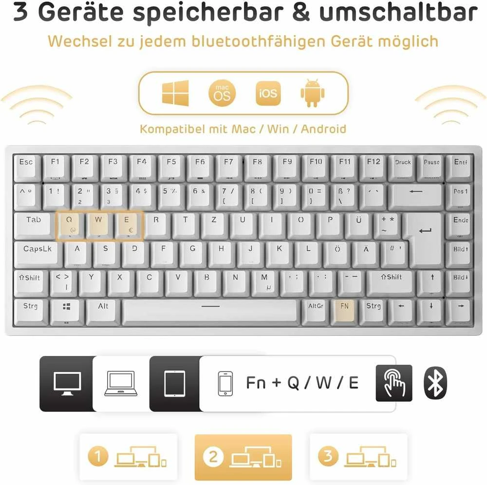RK ROYAL KLUDGE mechaninė belaidė žaidimų klaviatūra 75 % TKL, 85 klavišai, QWERTZ, RGB, RK84-DE