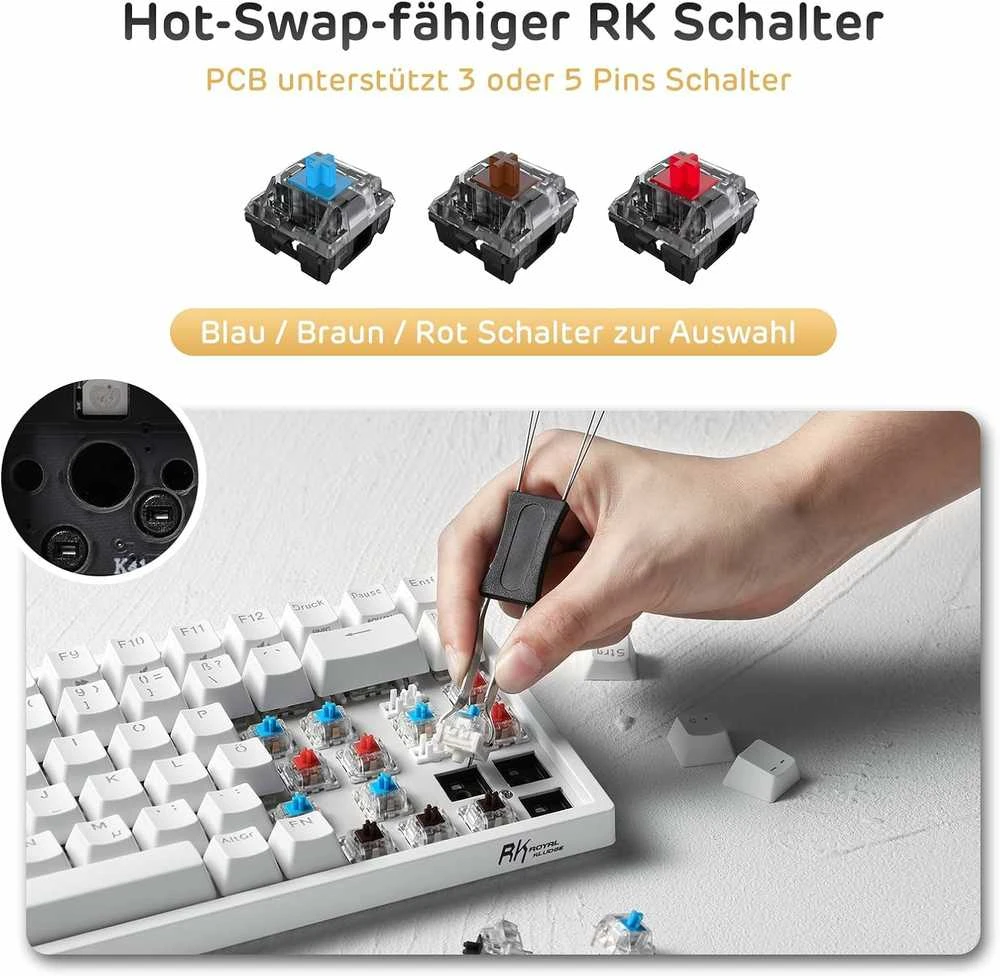 RK ROYAL KLUDGE mechaninė belaidė žaidimų klaviatūra 75 % TKL, 85 klavišai, QWERTZ, RGB, RK84-DE