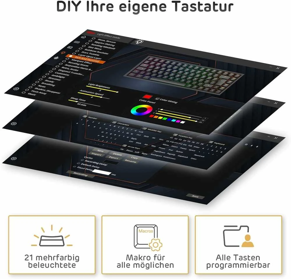 RK ROYAL KLUDGE mechaninė belaidė žaidimų klaviatūra 75 % TKL, 85 klavišai, QWERTZ, RGB, RK84-DE