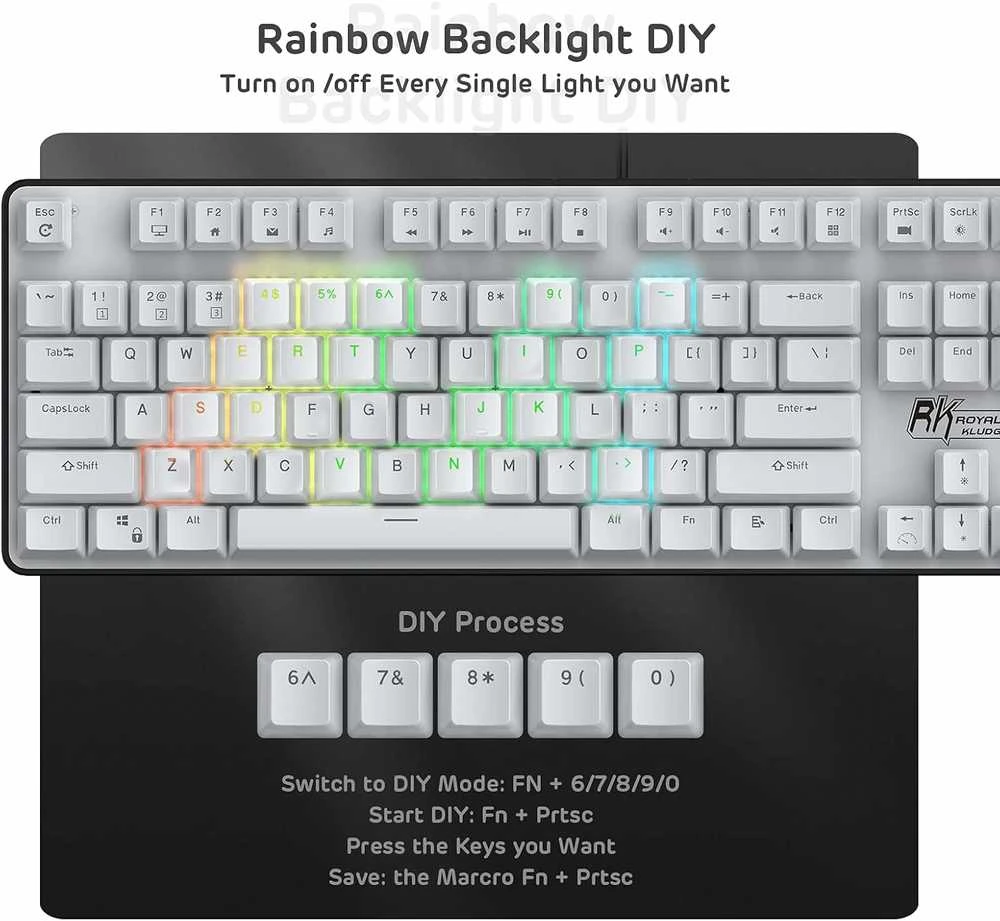 RK ROYAL KLUDGE mechaninė klaviatūra RGB apšvietimu, 104 klavišų, rudi jungikliai, RK920