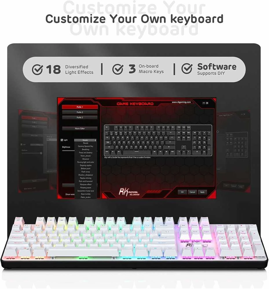 RK ROYAL KLUDGE mechaninė klaviatūra RGB apšvietimu, 104 klavišų, rudi jungikliai, RK920