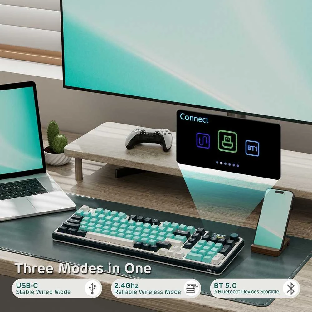 RK ROYAL KLUDGE S98 mechaninė belaidė klaviatūra su išmaniu ekranu, 96 %, BT / 2,4 GHz/USB-C, RGB
