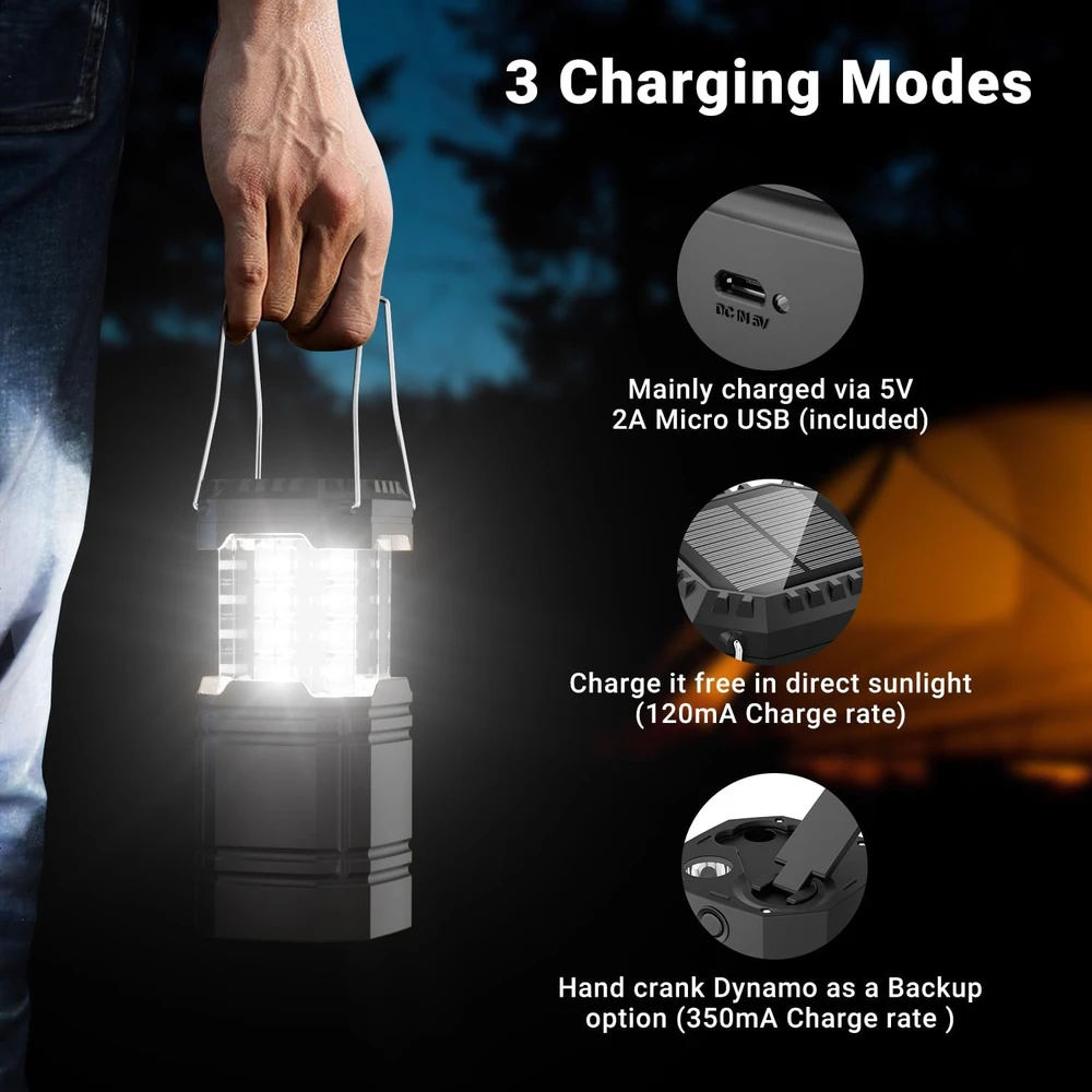 ROCAM LED kempingo lempa su įkraunamas akumuliatorius, saulės ir USB įkrovimu, 200 lm, IPX4, CL1000