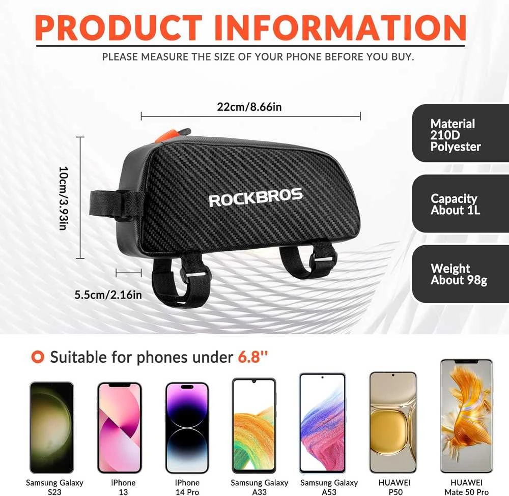 Rockbros 039BK bicycle frame bag 1 l with braid – juodos spalvos