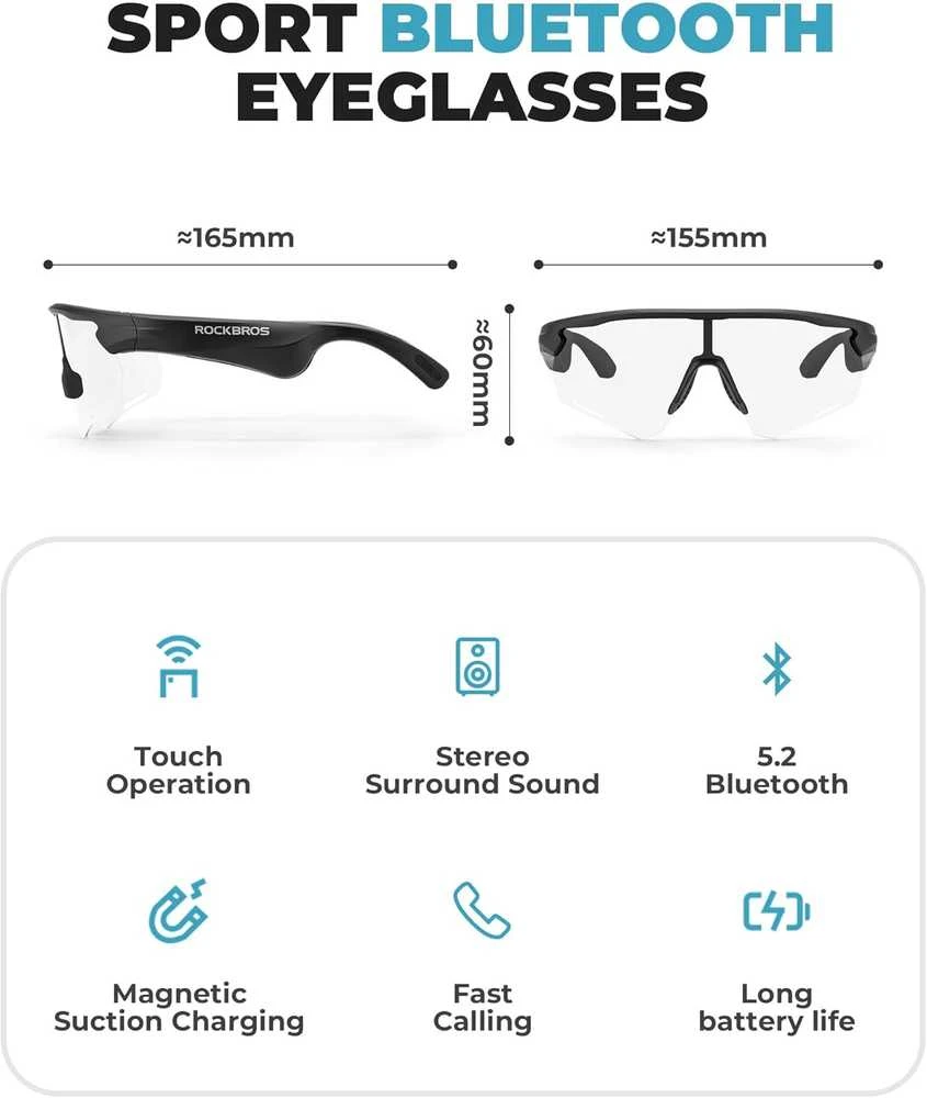 ROCKBROS dviratininko išmanieji Bluetooth akiniai, fotochrominiai, juoda rėmeliai