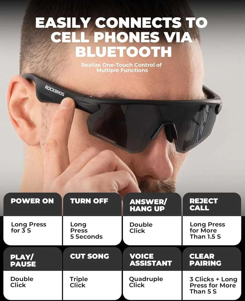 ROCKBROS dviratininko išmanieji Bluetooth akiniai, fotochrominiai, juoda rėmeliai