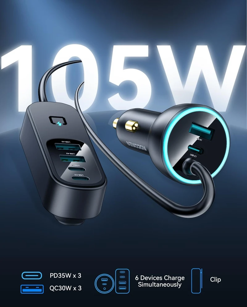 Rocoren automobilinis įkroviklis 105 W, 6 USB-C/USB-A portai, PD35 W, QC3.0, su 1,5 m laidu