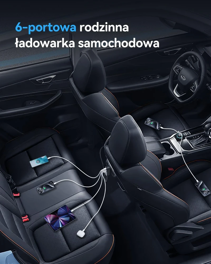 Rocoren automobilinis įkroviklis 105 W, 6 USB-C/USB-A portai, PD35 W, QC3.0, su 1,5 m laidu