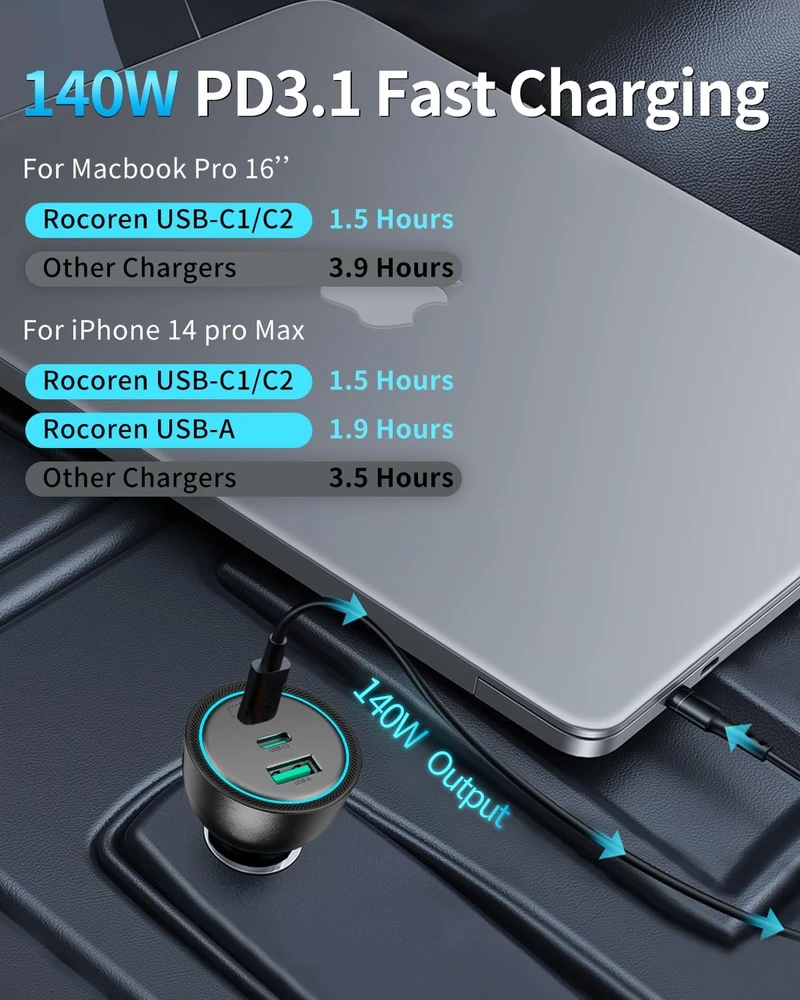 Rocoren automobilinis USB-C įkroviklis 165 W, su 3 prievadais, PD 3.1 ir QC 5.0, RCCC-165