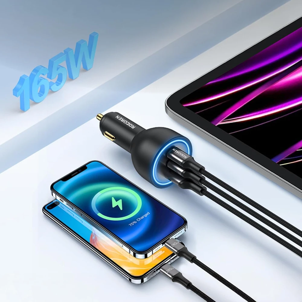 Rocoren automobilinis USB-C įkroviklis 165 W, su 3 prievadais, PD 3.1 ir QC 5.0, RCCC-165