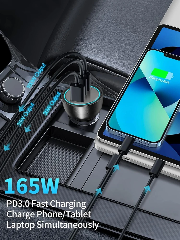 Rocoren automobilinis USB-C įkroviklis 165 W, su 3 prievadais, PD 3.1 ir QC 5.0, RCCC-165