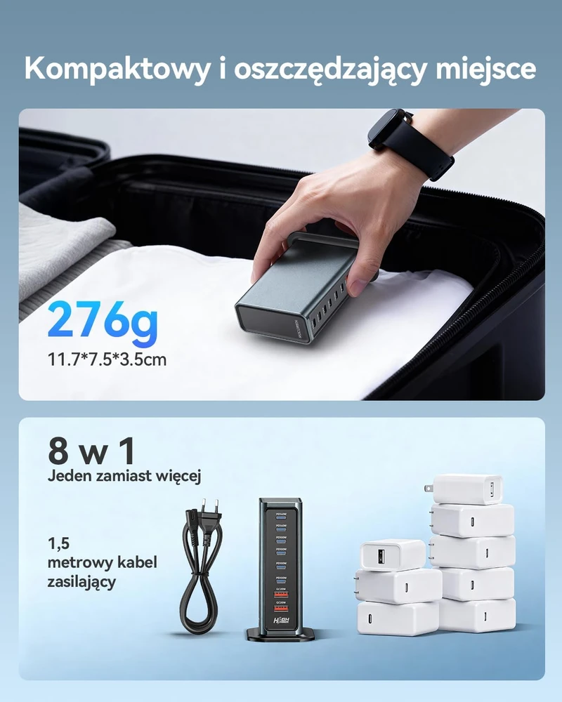 Rocoren daugiafunkcinė USB-C GaN įkrovimo stotis 720 W, 8 jungčių, PD 140 W, 4 x USB-C, 2 x USB-A
