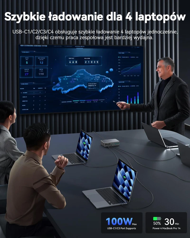 Rocoren GaN USB-C kroviklis 480 W, 10 lizdų, 7x USB-C, 3 x USB-A, PPS, stotelė