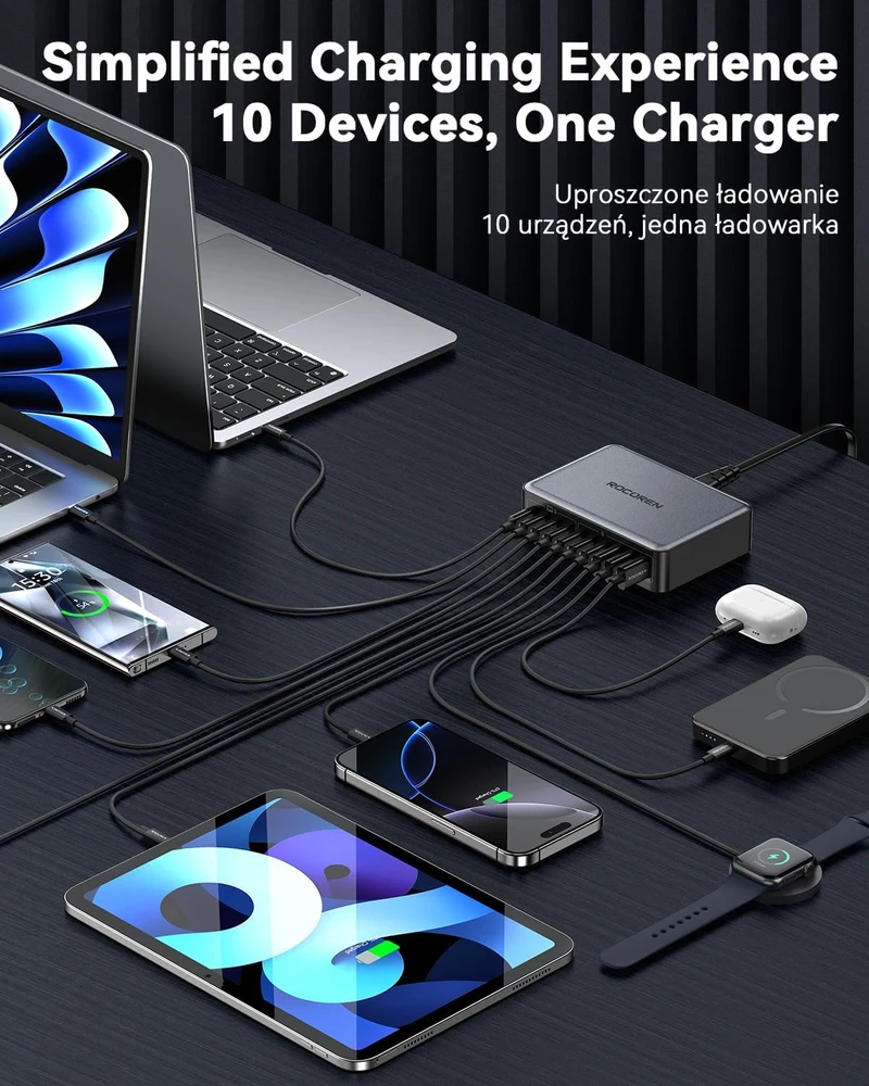Rocoren GaN USB-C kroviklis 480 W, 10 lizdų, 7x USB-C, 3 x USB-A, PPS, stotelė