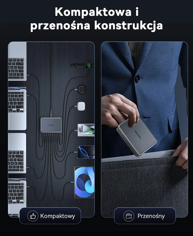 Rocoren GaN USB-C kroviklis 480 W, 10 lizdų, 7x USB-C, 3 x USB-A, PPS, stotelė