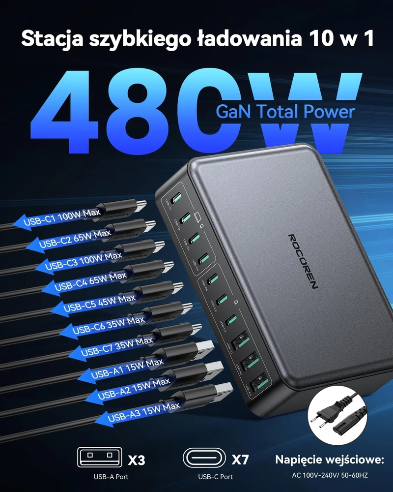 Rocoren GaN USB-C kroviklis 480 W, 10 lizdų, 7x USB-C, 3 x USB-A, PPS, stotelė