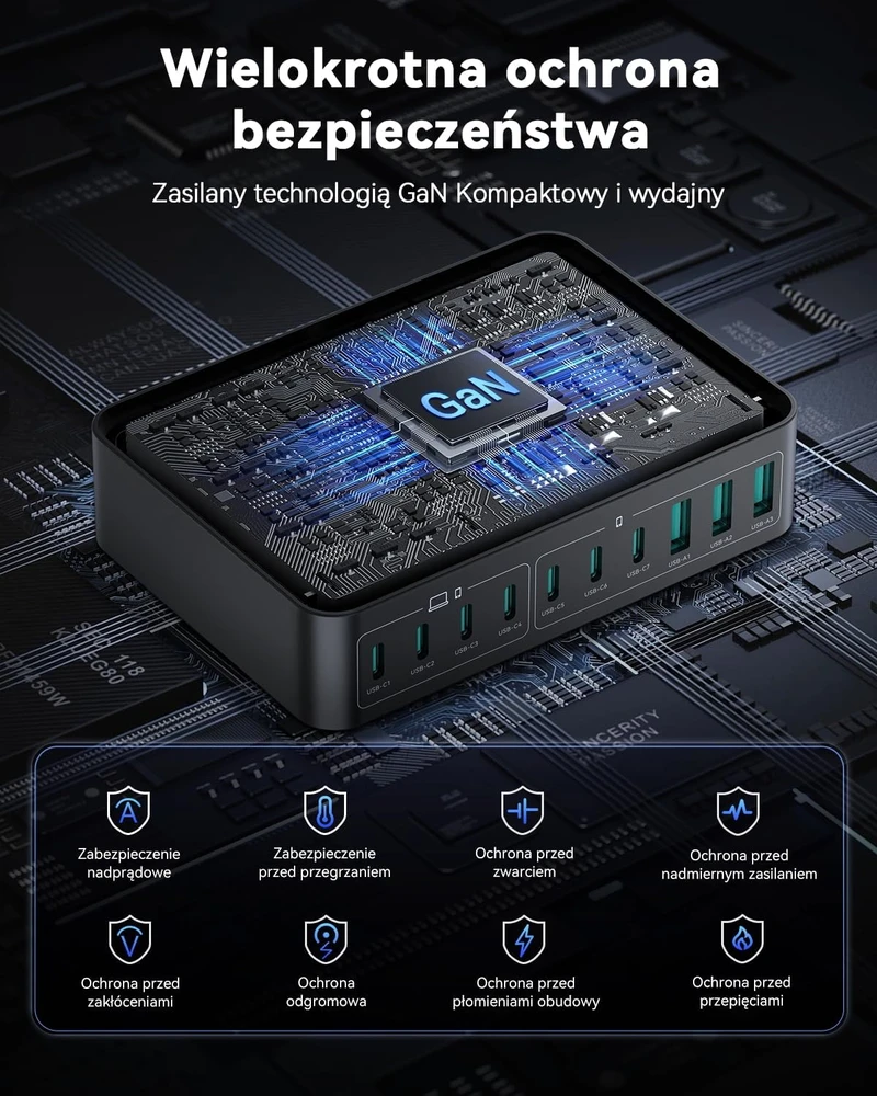 Rocoren GaN USB-C kroviklis 480 W, 10 lizdų, 7x USB-C, 3 x USB-A, PPS, stotelė