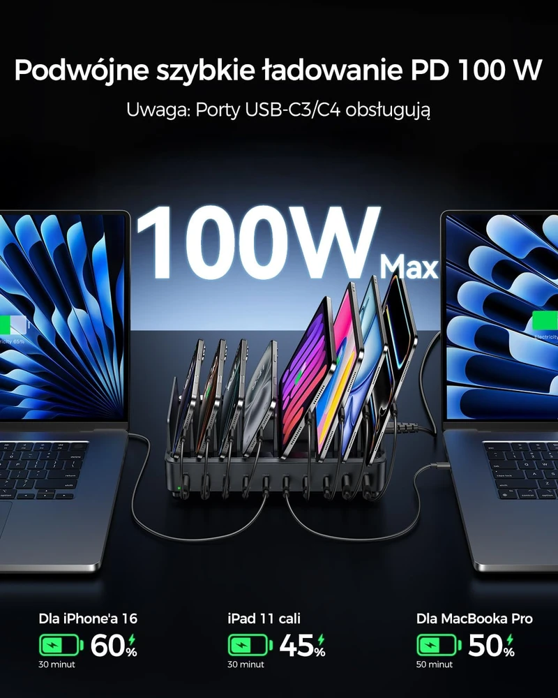 Rocoren stalinė krovimo stotis 10x USB (6 x USB-C, 4 x USB-A), 400 W, PD 100 W, GaN, RCCT-023