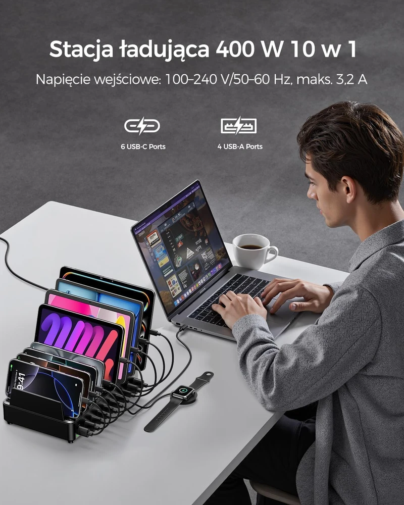 Rocoren stalinė krovimo stotis 10x USB (6 x USB-C, 4 x USB-A), 400 W, PD 100 W, GaN, RCCT-023