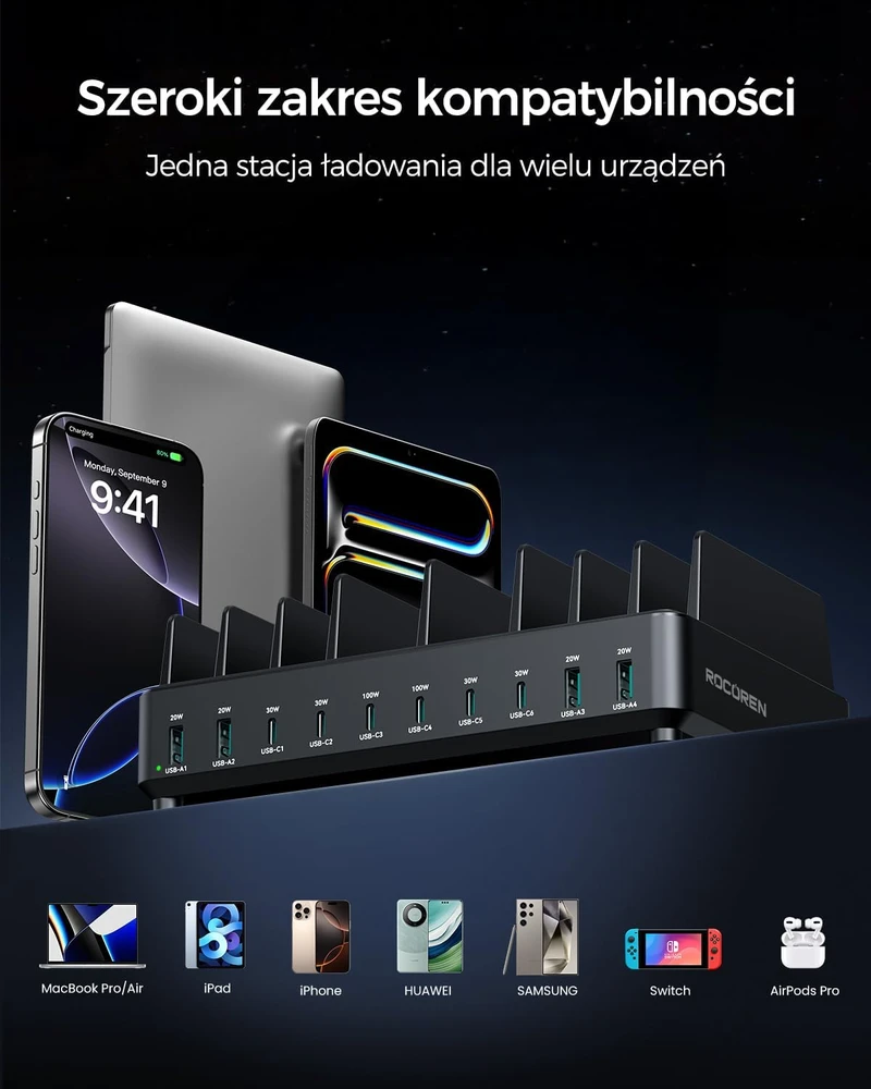 Rocoren stalinė krovimo stotis 10x USB (6 x USB-C, 4 x USB-A), 400 W, PD 100 W, GaN, RCCT-023