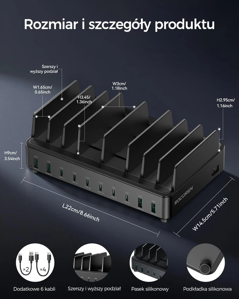 Rocoren stalinė krovimo stotis 10x USB (6 x USB-C, 4 x USB-A), 400 W, PD 100 W, GaN, RCCT-023