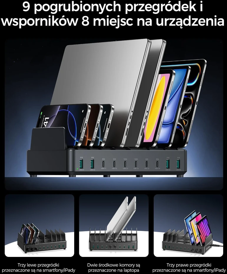 Rocoren stalinė krovimo stotis 10x USB (6 x USB-C, 4 x USB-A), 400 W, PD 100 W, GaN, RCCT-023
